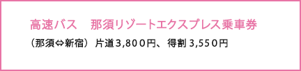 高速バス 那須リゾートエクスプレス乗車券（那須⇔新宿）片道3,800円、得割3,550円